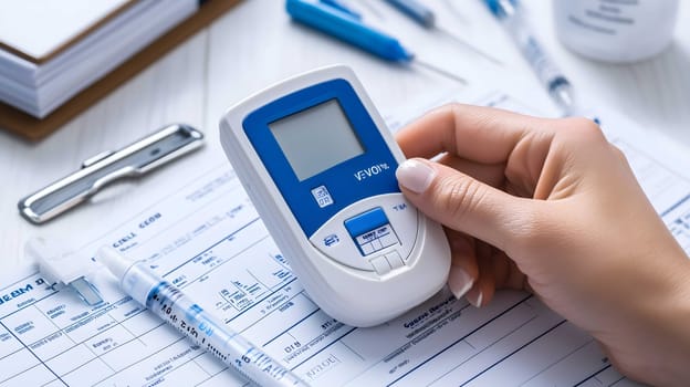 Doctor holding a glucose meter for measuring blood sugar level from a test strip