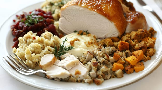 Traditional thanksgiving turkey dinner being served with stuffing, mashed potatoes, cranberry sauce, sweet potatoes and gravy