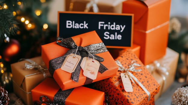Pile of wrapped christmas presents with a black friday sale sign behind them, suggesting big savings on gifts