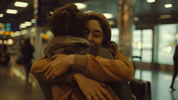 Couple hugging at airport, emotional reunion, travel, love, and warmth