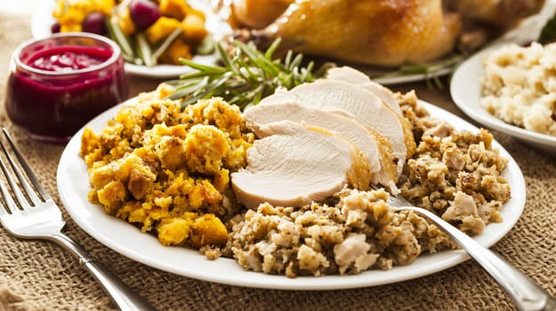 Serving of sliced turkey breast with cornbread and bread stuffing on a white plate on a table set for thanksgiving dinner