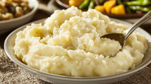 Heaping bowl of smooth and creamy mashed potatoes is ready to be enjoyed