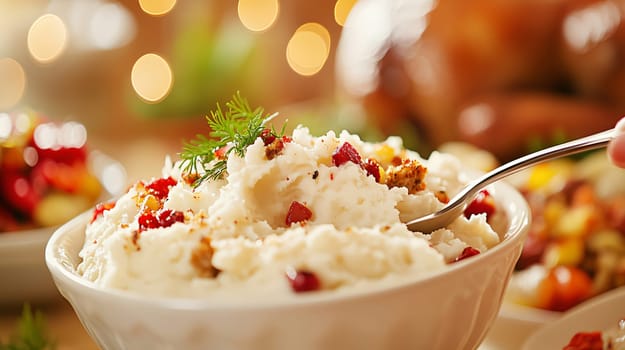 Festive bowl of creamy mashed potatoes being served with a blurred christmas dinner and twinkling lights in the background