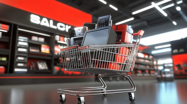 Shopping cart overflowing with electronics is standing in the aisle of a retail store