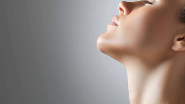 Woman with closed eyes and tilted head, swollen thyroid gland