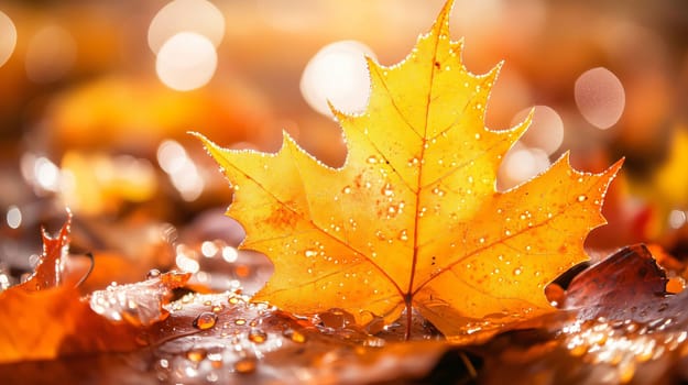 Golden maple leaf covered with water drops is lying on the wet ground in the forest