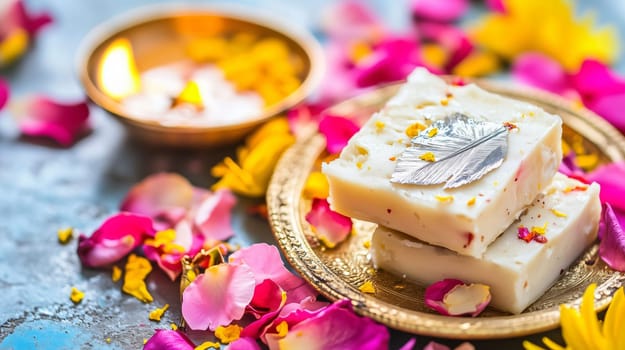 Barfi indian sweets being served on a plate during diwali festival of lights with a burning diya oil lamp and flower petals around