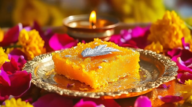 Golden plate with a square of besan ladoo surrounded by colorful flower petals and a lit diya lamp