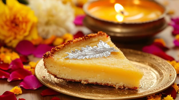 Slice of mysore pak garnished with silver leaf sitting on a golden plate with a lit diya in the background