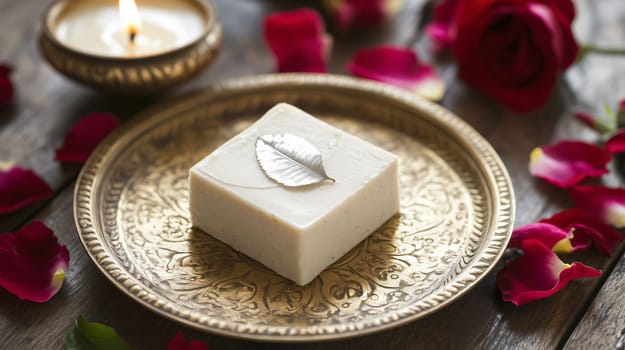 Luxurious bar of natural soap presented on an ornate golden tray, adorned with a delicate leaf and surrounded by vibrant rose petals, creating a serene spa ambiance
