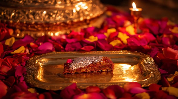 Delicious indian sweet lying on ornate tray surrounded by rose petals with burning tea light in background