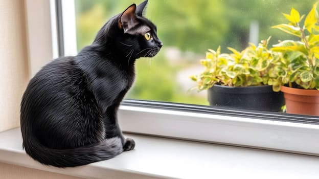 Adorable black cat with bright yellow eyes sitting on a window sill, intently observing birds and squirrels frolicking in the lush green backyard
