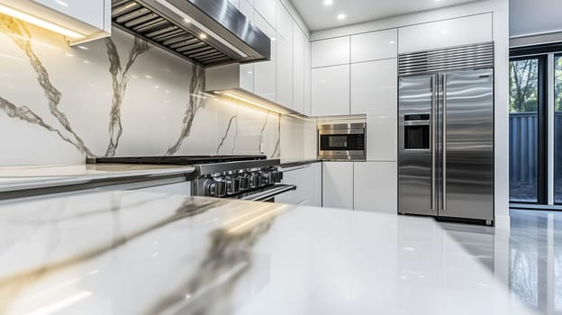 Gleaming white kitchen design featuring slab marble countertops and backsplash