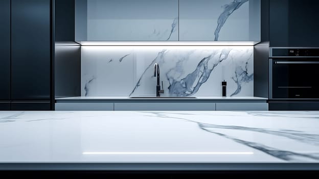 Empty white marble countertop illuminating a modern kitchen design featuring a marble backsplash and stainless steel appliances