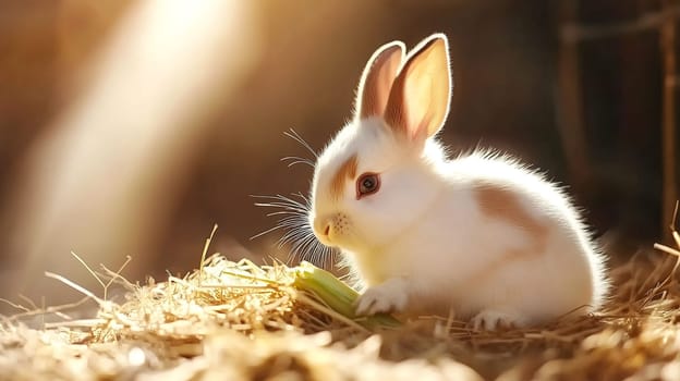 Charming white rabbit with brown spots is sitting in a pile of hay and eating a vegetable