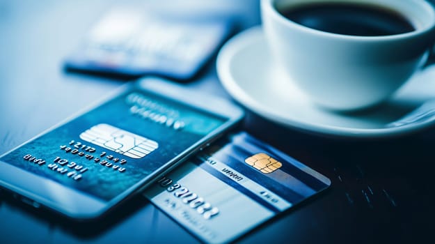 Smartphone displaying a credit card for online shopping with a cup of coffee