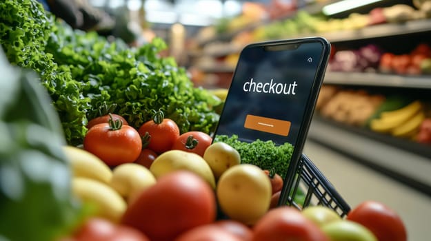 Smartphone showing checkout screen is laying in shopping cart full of vegetables at grocery store