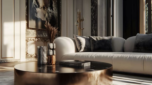 Sunlight streaming through the window illuminates an elegant living room with a white sofa, marble coffee table, and gold accents