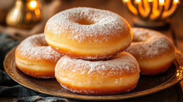 Freshly baked donuts covered with powdered sugar tempting you to eat them