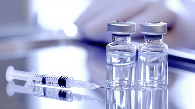 Syringe is lying near two vials containing transparent liquid on a reflective surface