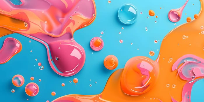 Vibrant fluid splashes with colorful gradients on blue and orange backdrop