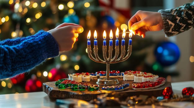 Family members lighting hanukkah menorah candles on a table with christmas tree lights in the background