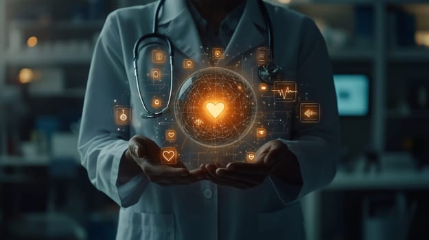 Doctor is holding a futuristic glowing digital heart icon hologram with medical icons surrounding it in a hospital
