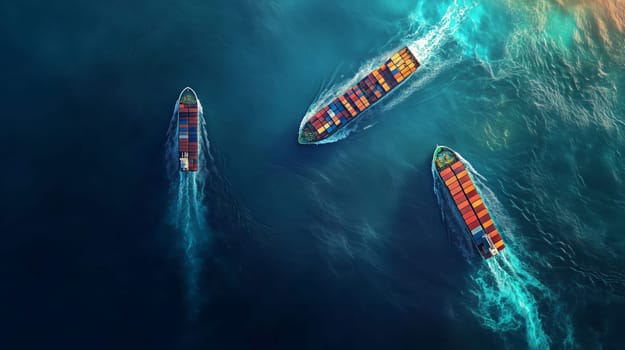 Three cargo ships sailing across a deep blue ocean, transporting goods around the world