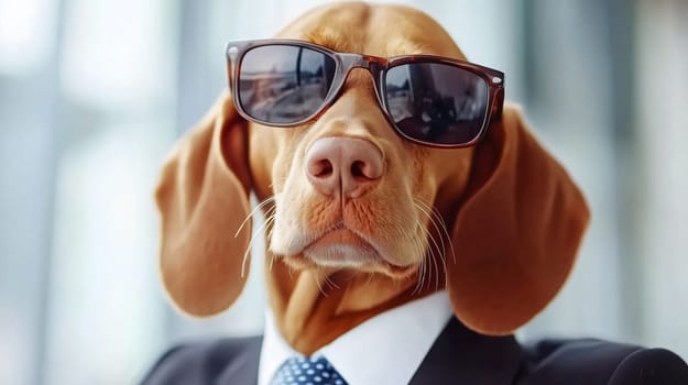Serious dog wearing suit and sunglasses looking at you