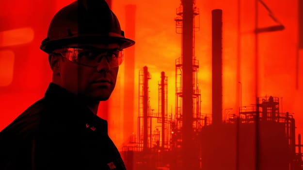 Engineer wearing hard hat and safety goggles standing in front of industrial plant at sunset