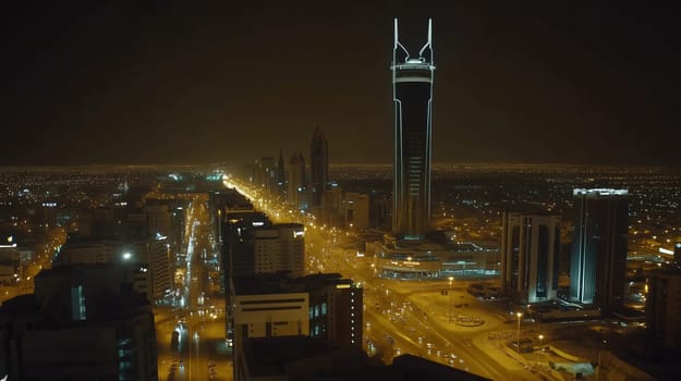 The illuminated cityscape of riyadh, saudi arabia, featuring the iconic kingdom centre and bustling city streets at night