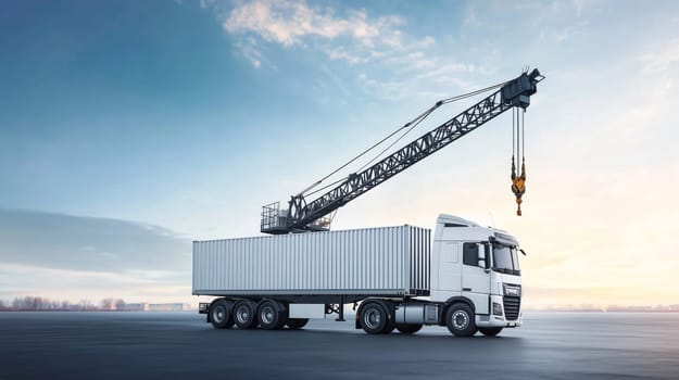 Mobile crane is lifting a cargo container on a truck against a dramatic sky