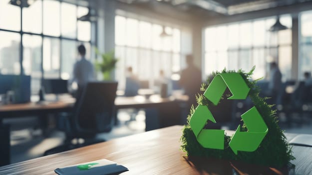Green recycling symbol made of grass standing on desk in busy office
