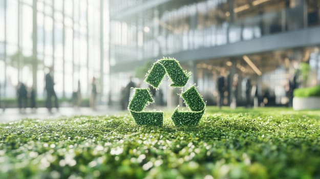 Green recycling symbol made of grass stands tall, symbolizing environmental consciousness in a corporate setting