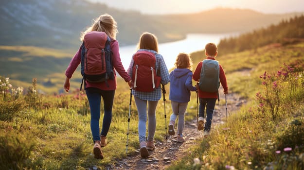 Family of four are enjoying a scenic hike in the mountains at sunset