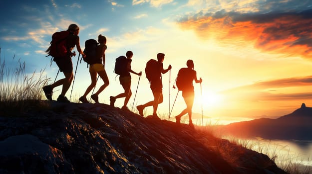 Group of hikers are making their way up a mountain as the sun sets behind them