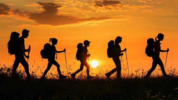 Family is hiking at sunset, enjoying the outdoors and the beauty of nature