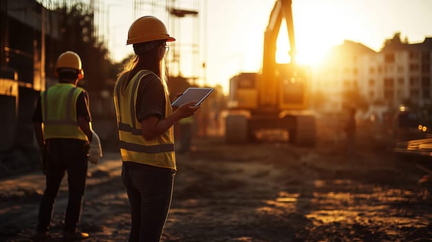Female construction engineer using a digital tablet with a male colleague on a construction site at sunset