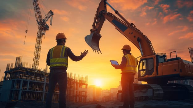 Two construction managers are discussing a project on a digital tablet with a crane and excavator behind them and the sun setting