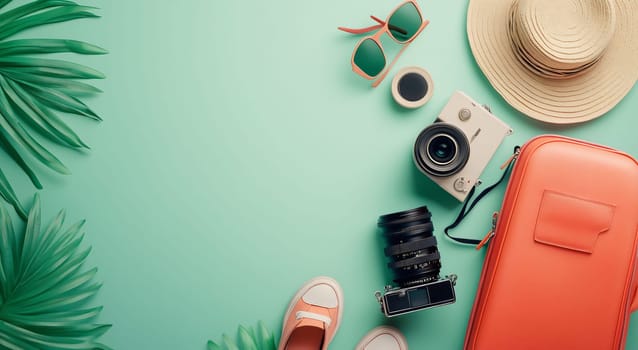 Suitcase, sunglasses, cameras, sneakers, straw hat and tropical leaves composing travel and vacation concept on turquoise background with copy space