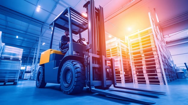 Forklift driver is maneuvering through a warehouse with goods stacked on pallets