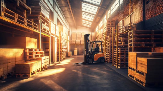 Forklift operator is driving through a warehouse full of pallets with goods