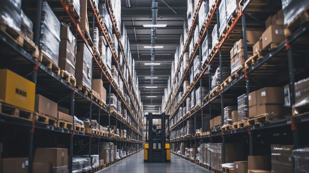 Forklift is waiting in a very large warehouse with shelves full of goods on pallets