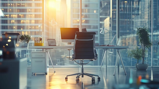 Modern office interior with nobody present, featuring a desk, chair, and computer, bathed in warm sunlight streaming through large windows revealing a breathtaking cityscape