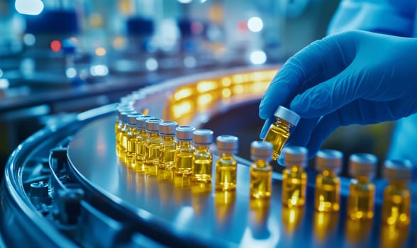 Pharmaceutical worker is carefully selecting a vial of liquid medicine from an assembly line