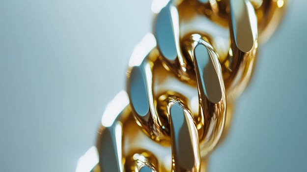 Thick gold chain is laying on a reflective surface, catching the light and creating a luxurious feel