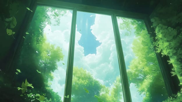 Green leaves are falling from trees outside a window reflecting the blue sky