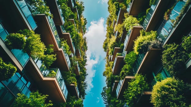Lush green plants growing on the balconies of a modern apartment building