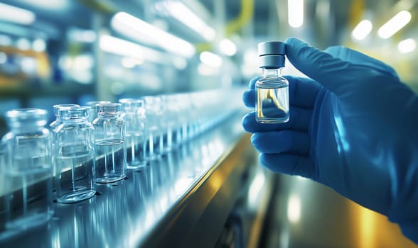 Scientist is holding a vial containing transparent liquid over a production line