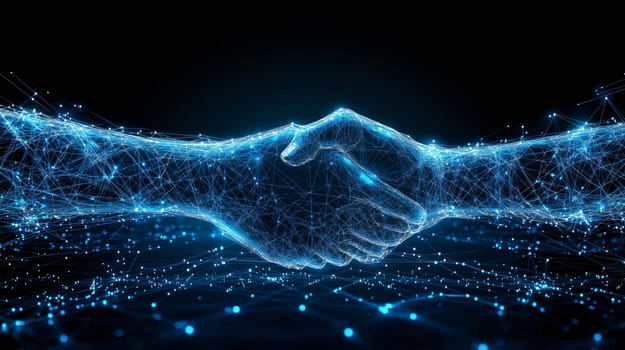 Two digital hands meeting and shaking in a global business agreement